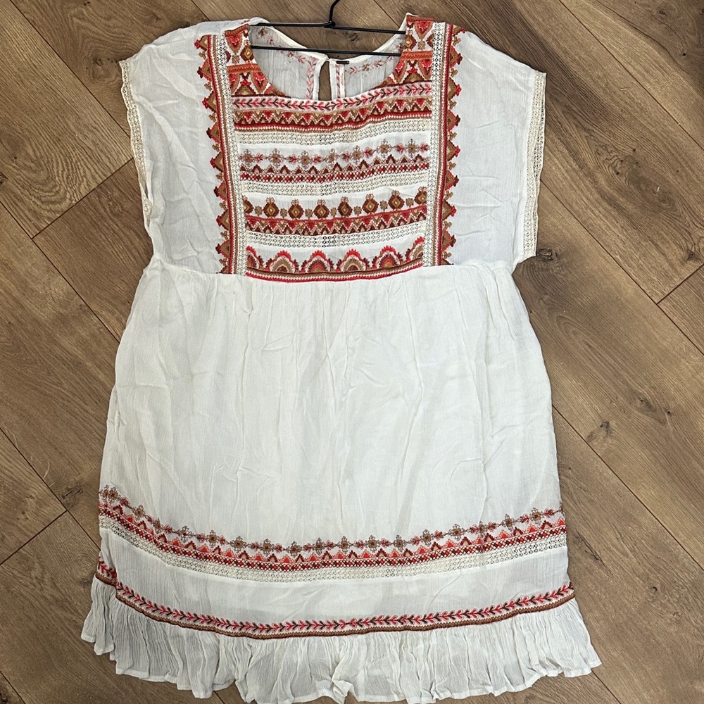 Free People White Embroidered Boho Dress with Red Accents